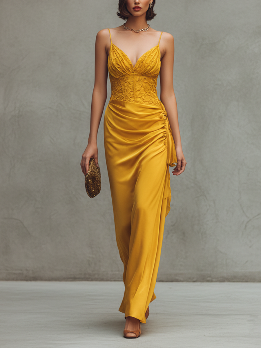 Lace Bodice Maxi Dress with Satin Skirt for Wedding Guest