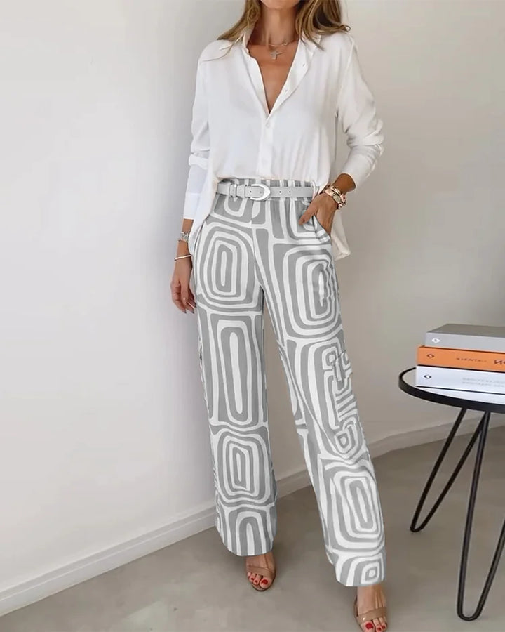 Two Piece Set for Women with Belt - Geometric Print Outfit