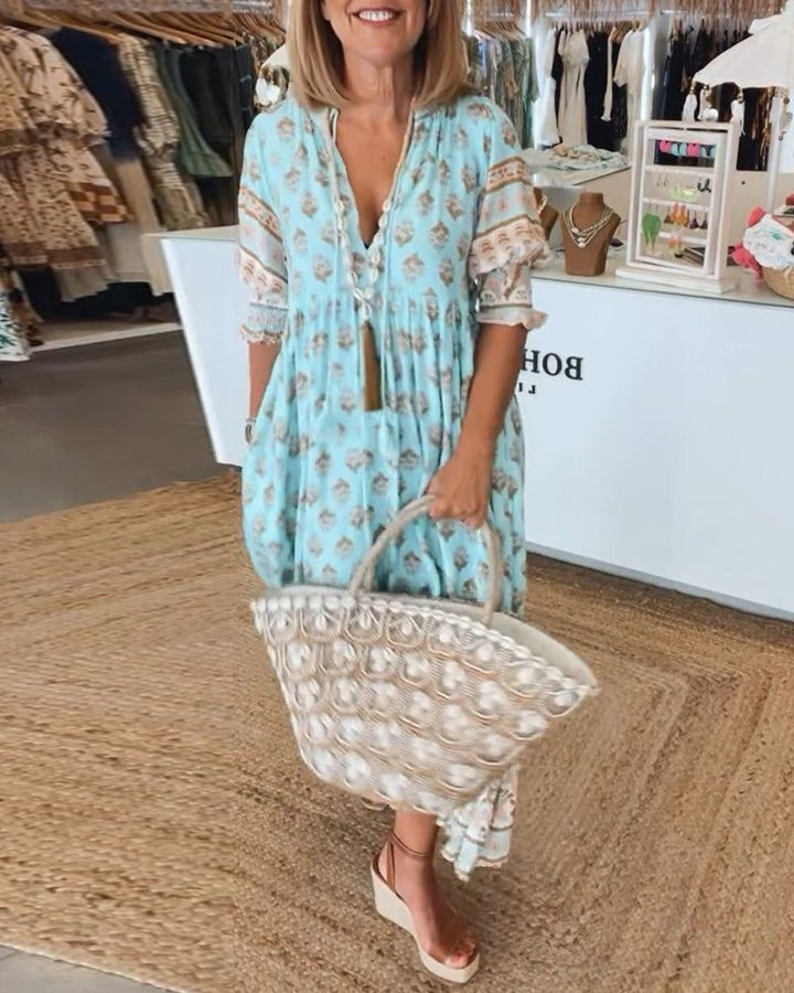 Summer Dress with V Neck and Short Sleeves for Women
