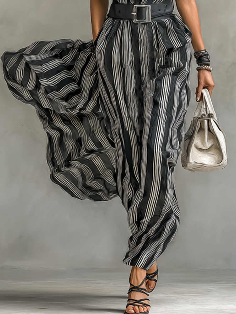 Striped Maxi Dress with Collar and Short Sleeves