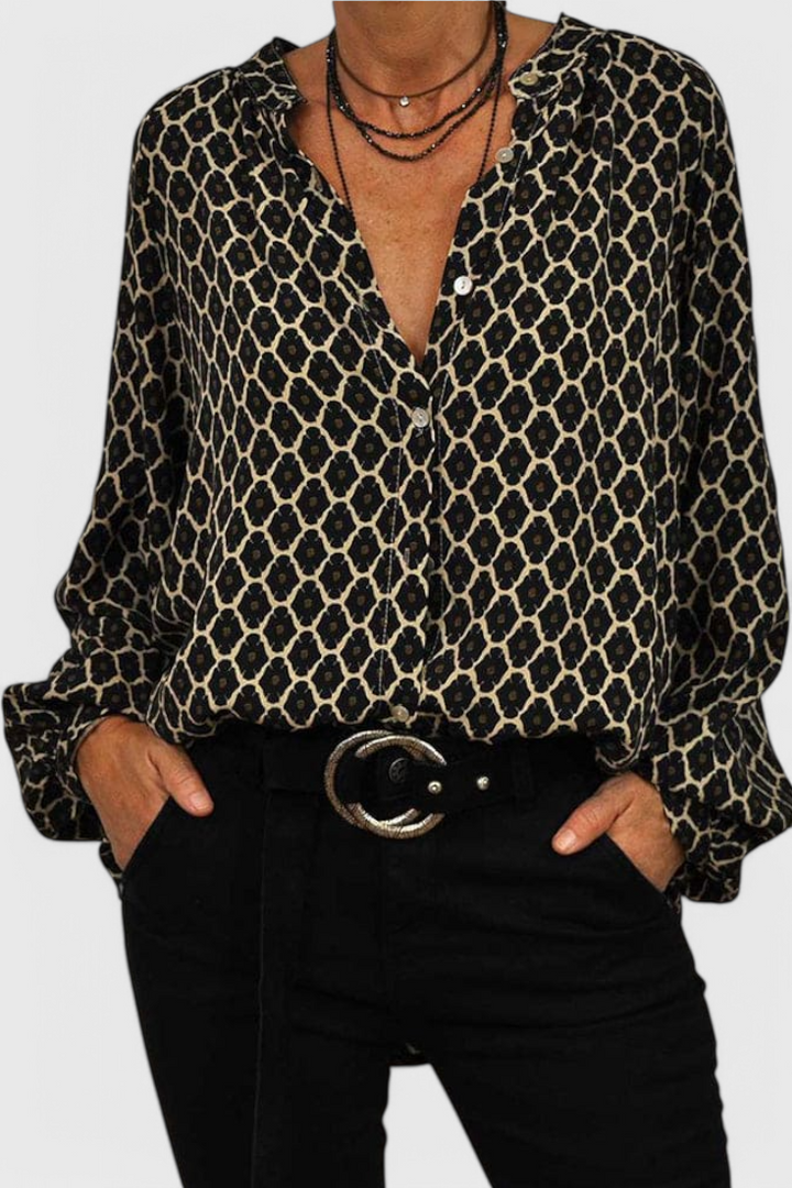 Geometric Print Blouse with Button Details and V-Neck