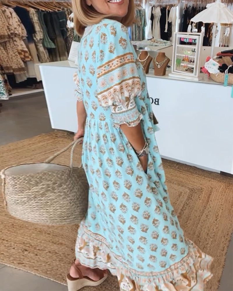 Summer Dress with V Neck and Short Sleeves for Women