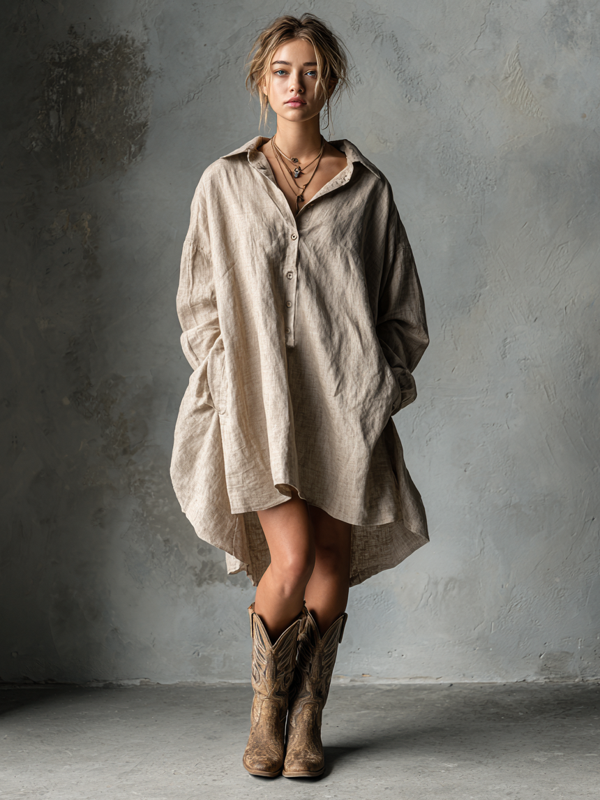 Cotton Linen Shirt Dress with Button Front and Collar