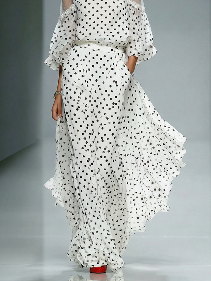 White Polka Dot Maxi Dress with Puff Sleeves