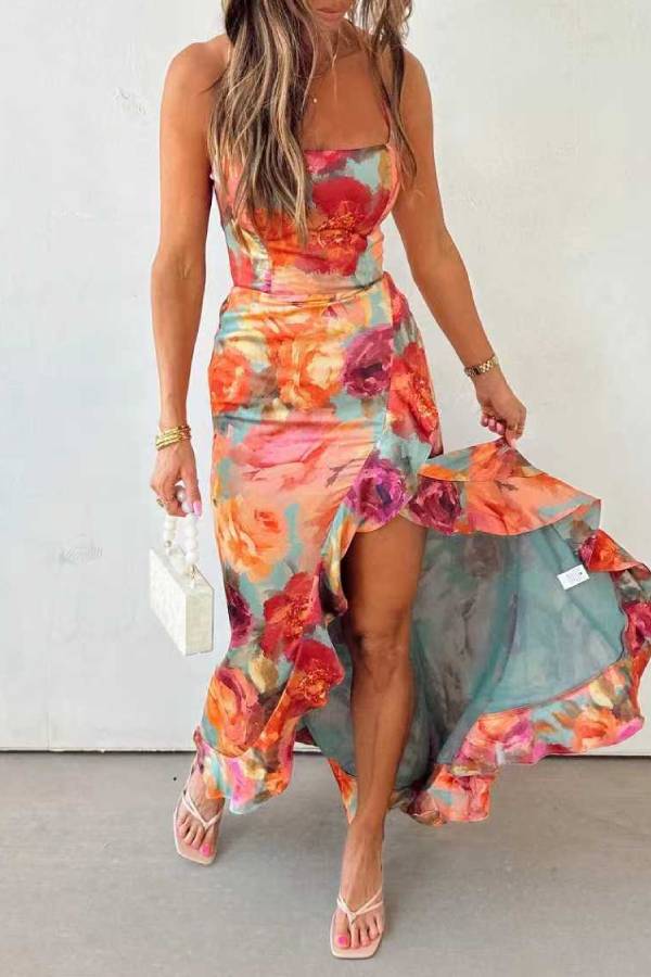 Floral Satin Maxi Dress with Backless Detail for Women