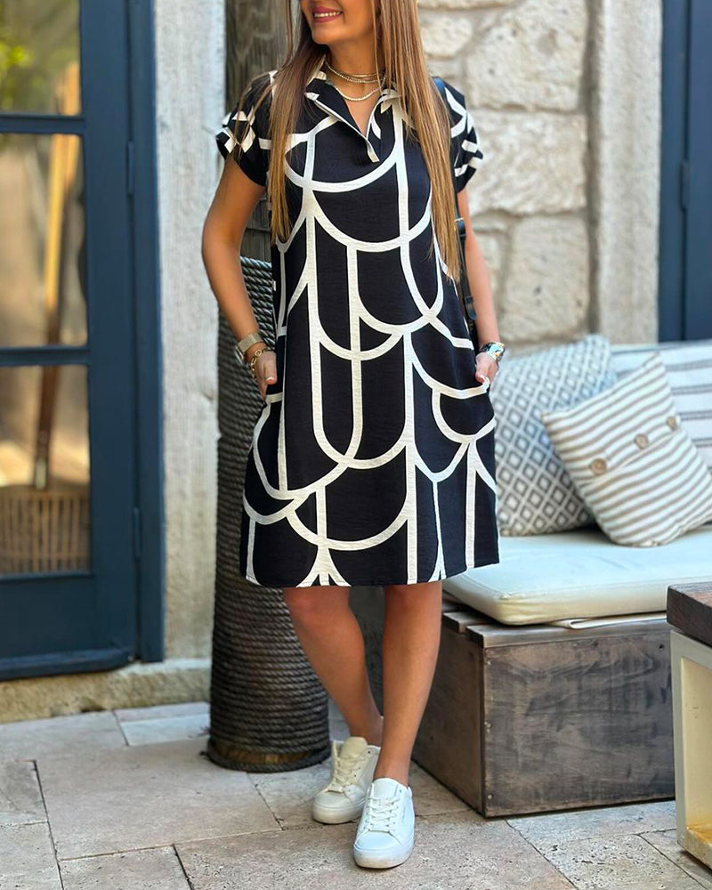 Geometric Print Polo Dress - Classic Casual Style for Women