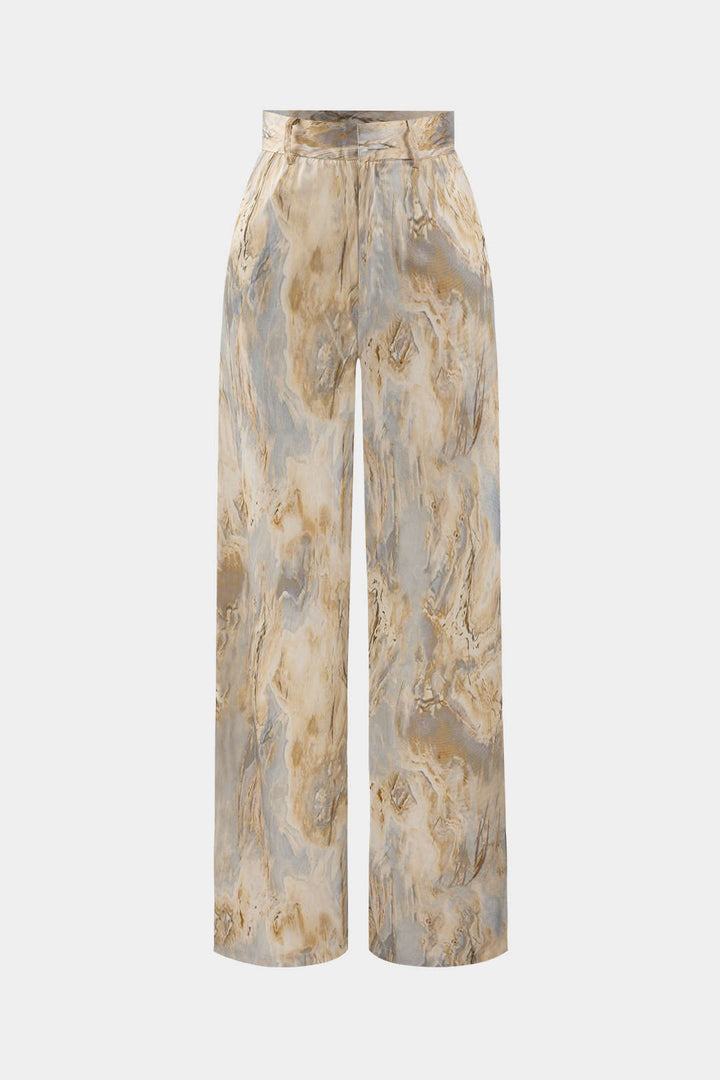 Straight Leg Trousers with Marble Print High Waisted