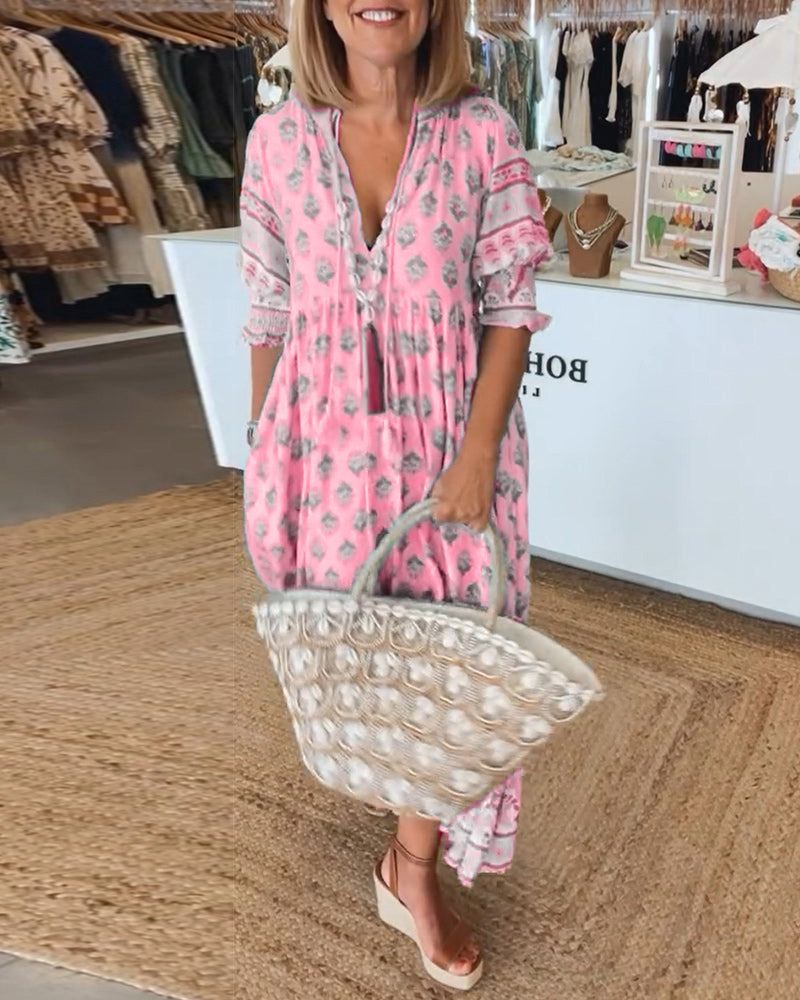 Summer Dress with V Neck and Short Sleeves for Women