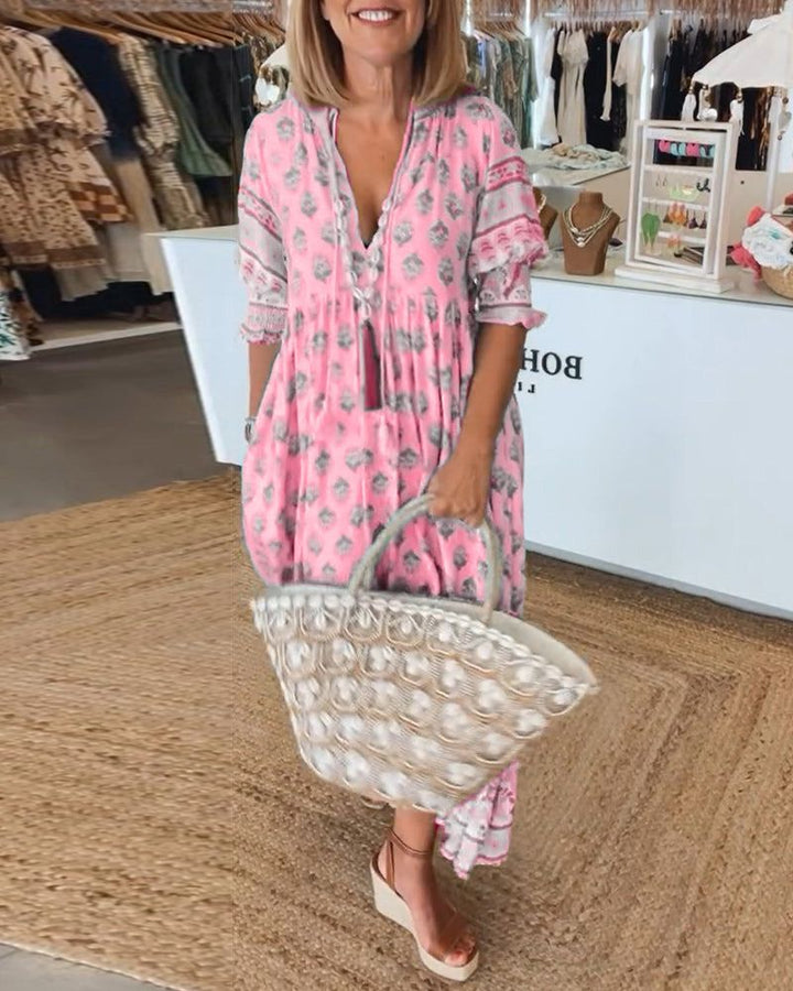 Summer Dress with V Neck and Short Sleeves for Women