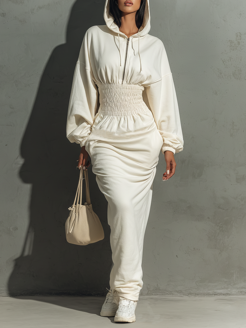 Hooded Sweatshirt Maxi Dress with Waist Detail for Women