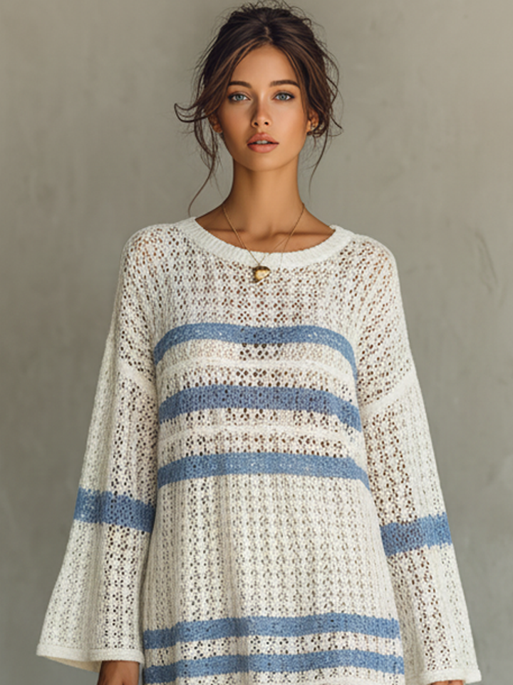 Striped Knit Mini Dress with Openwork Detail for Beach and Vacation