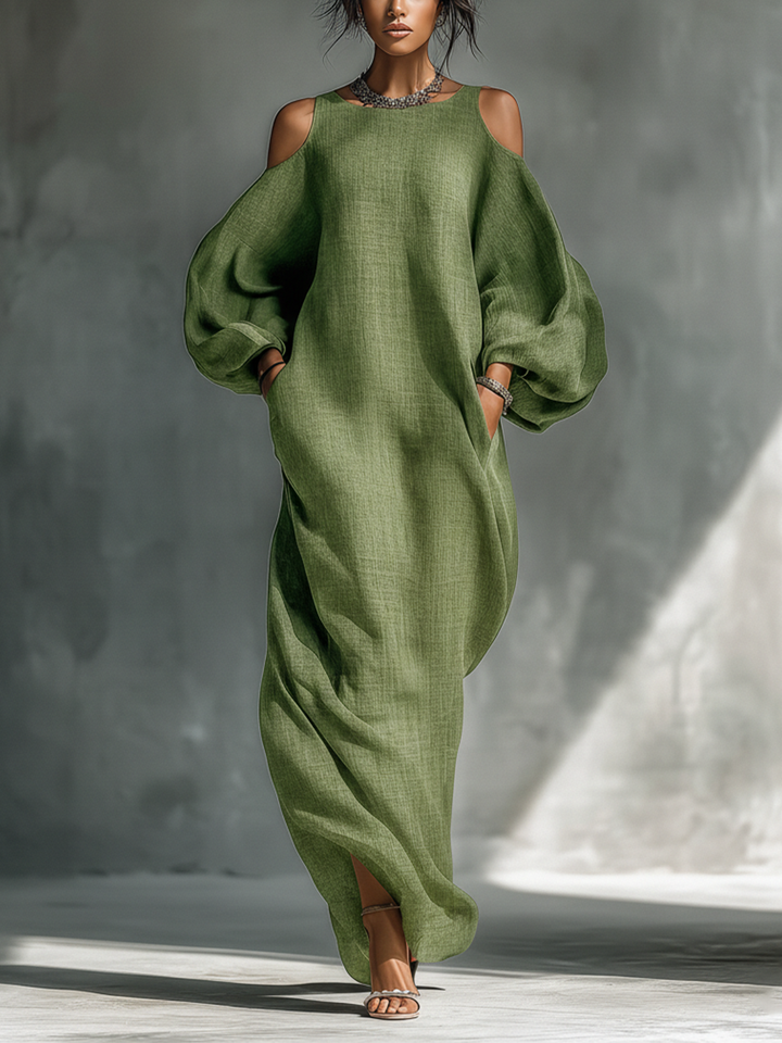 Cold Shoulder Maxi Dress with Puff Sleeves and Pockets