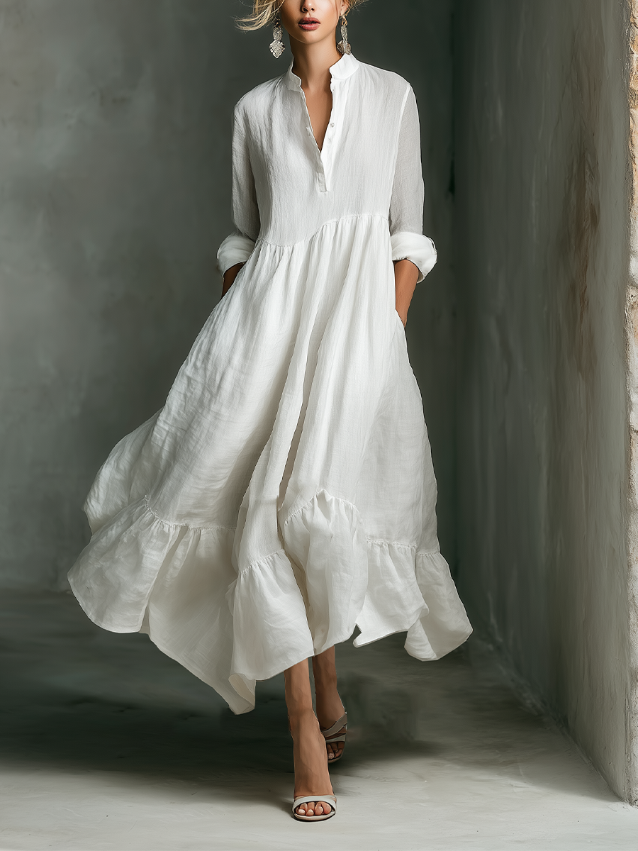 White Maxi Dress Long Sleeve with Ruffles for Women