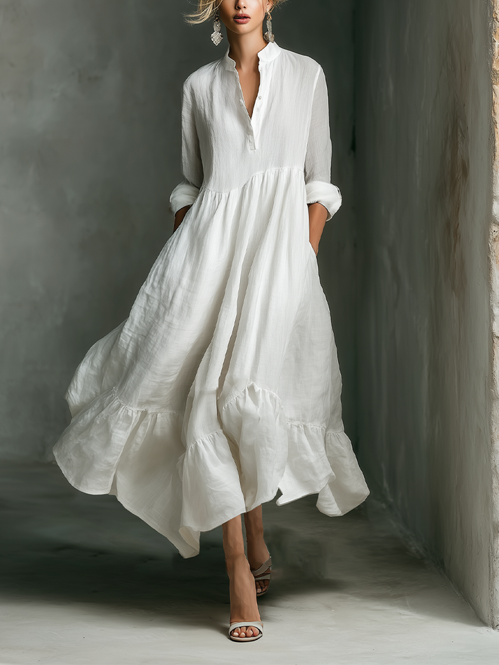 White Maxi Dress Long Sleeve with Ruffles for Women