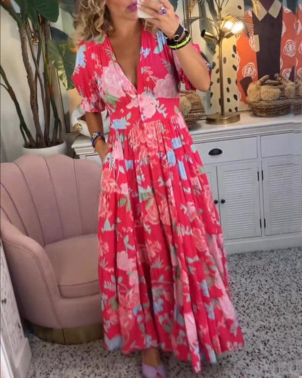 Floral Maxi Dress with V-Neck | Flowing Feminine Silhouette