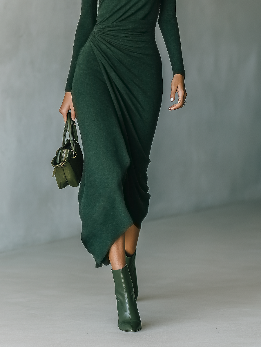Knit Wrap Midi Dress - High Neck Long Sleeve Bodycon
