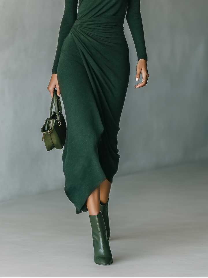 Knit Wrap Midi Dress - High Neck Long Sleeve Bodycon