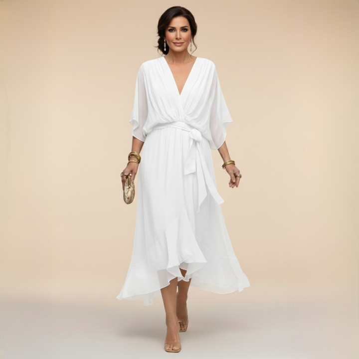 Chiffon V-Neck Dress for Women - Elegant Flowing Midi Dress