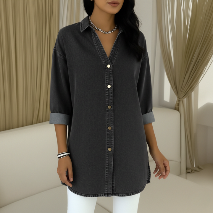 Denim Shirt Women V-Neck Relaxed Fit Button Front Top