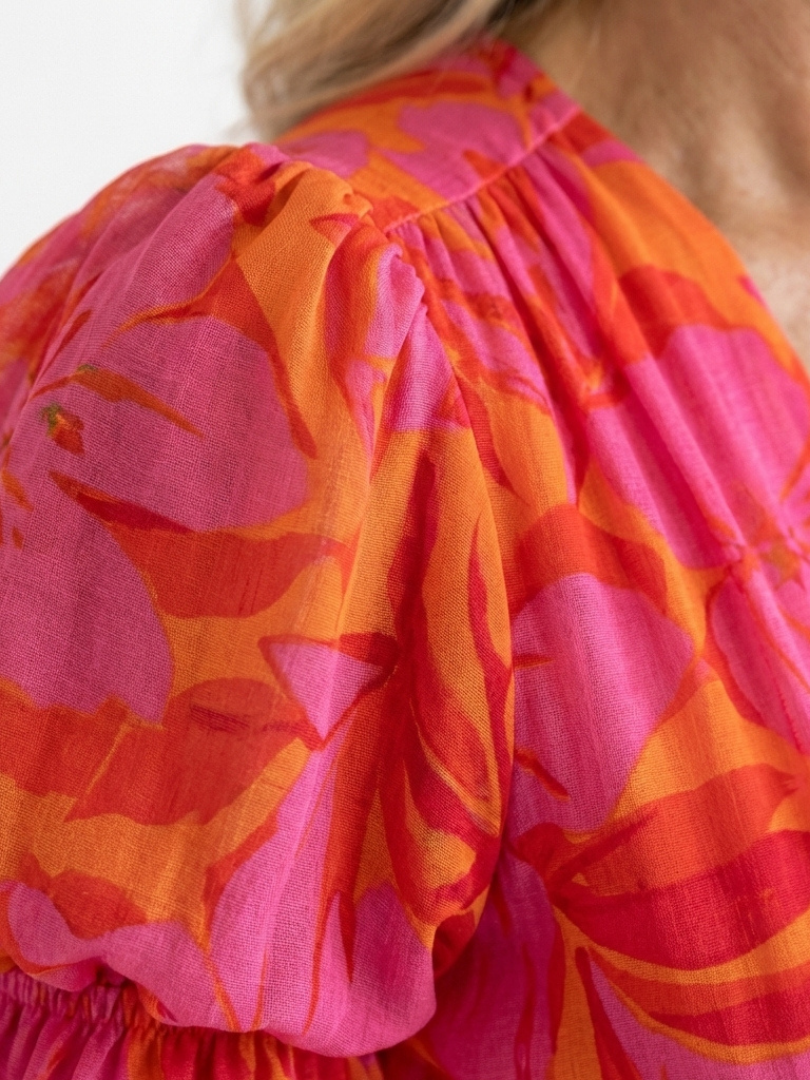 Willow | Floral V Neck Puff Sleeve Midi Dress