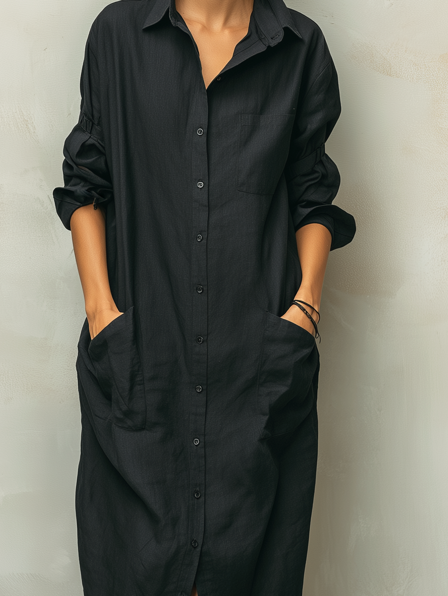 Black Linen Shirt Dress Long Sleeve for Women
