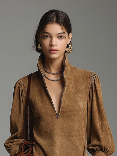 Suede Mini Dress with Zipper Turtleneck and Long Sleeves
