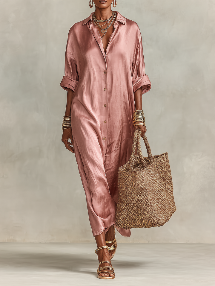 Maxi Shirt Dress for Women - Minimalist Button Front Long Dress