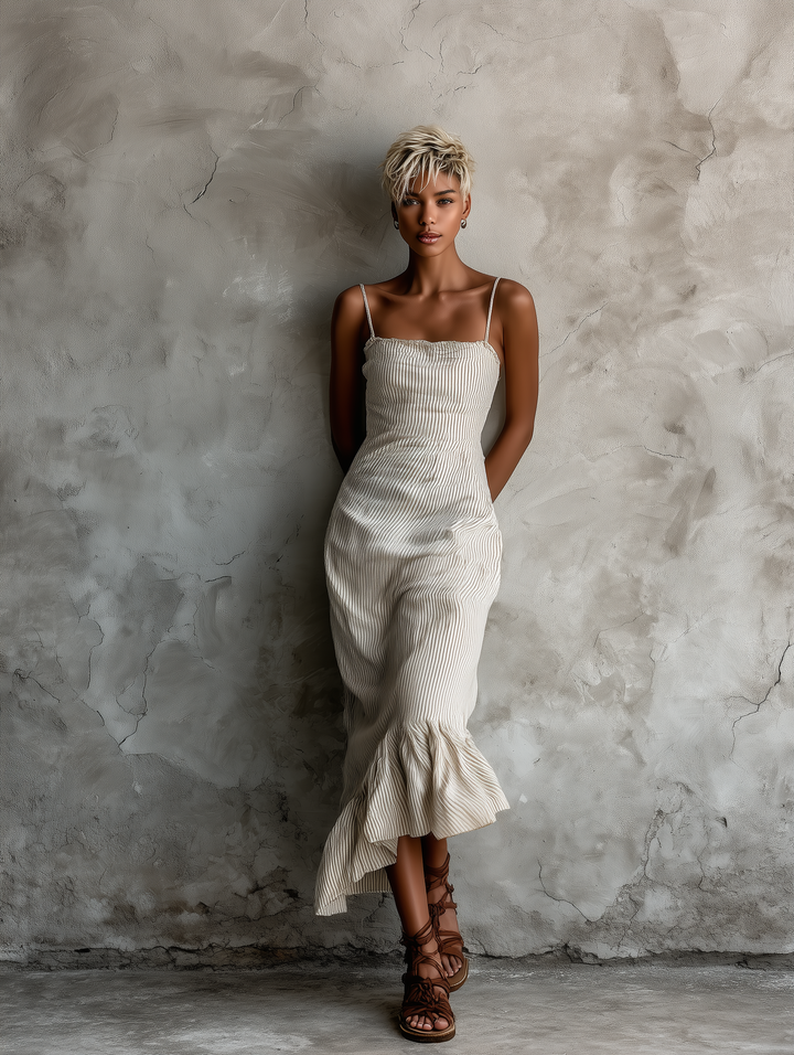 Striped Maxi Dress with Ruffled Asymmetric Hem for Women