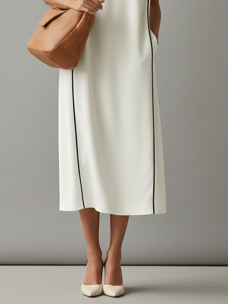 White Cotton Midi Dress with Contrast Piping and Pockets