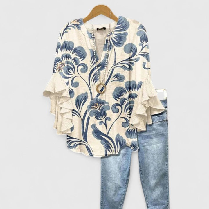 Ruffle Sleeve Blouse for Women - Elegant Printed Top