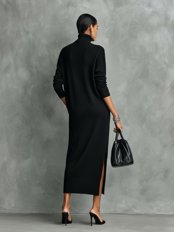 Black Turtleneck Sweater Dress - Midi Length Knit Dress