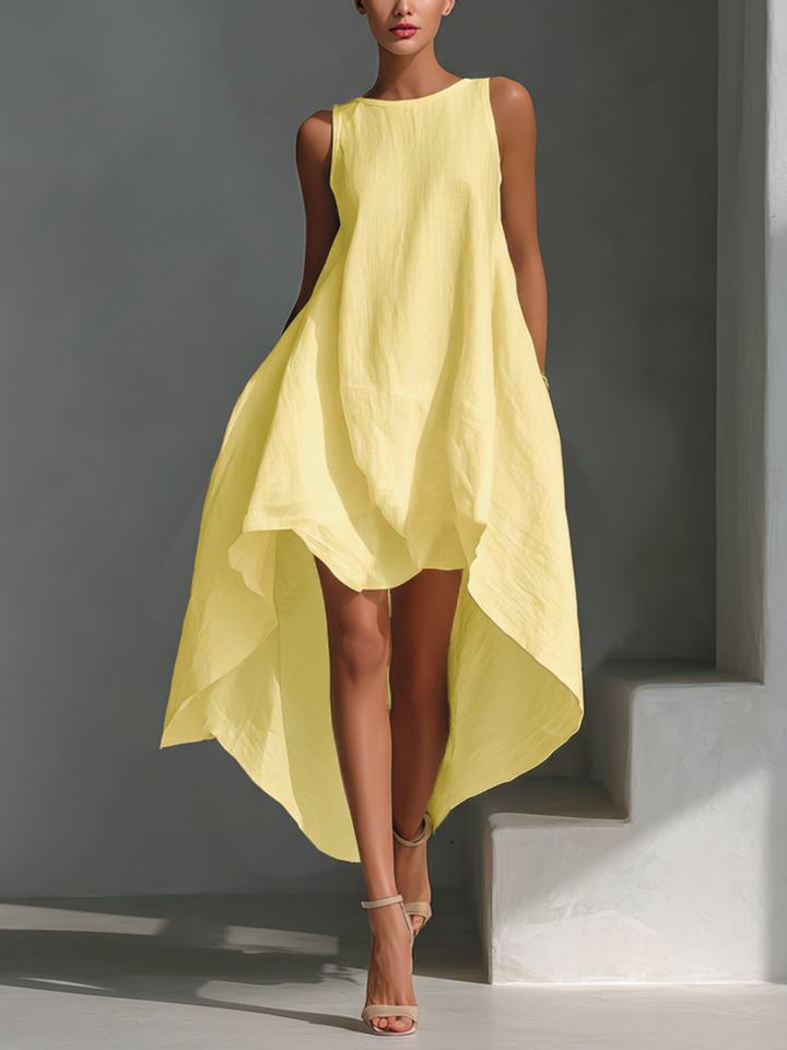 White Linen Midi Dress Sleeveless with Asymmetric Hem