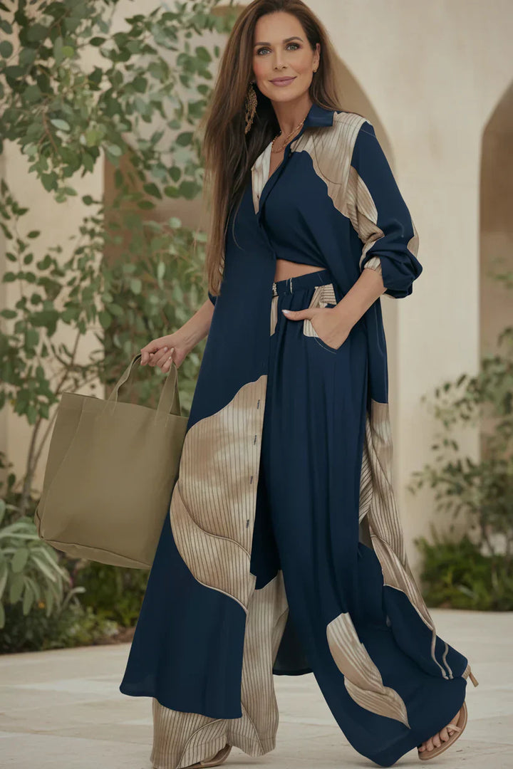 Relaxed Resort Set - Two Piece Wide Leg Pants and Button Down Top