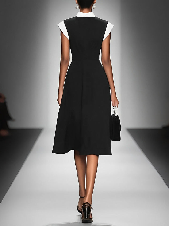Colorblock Midi Dress with Square Neck and Cap Sleeves