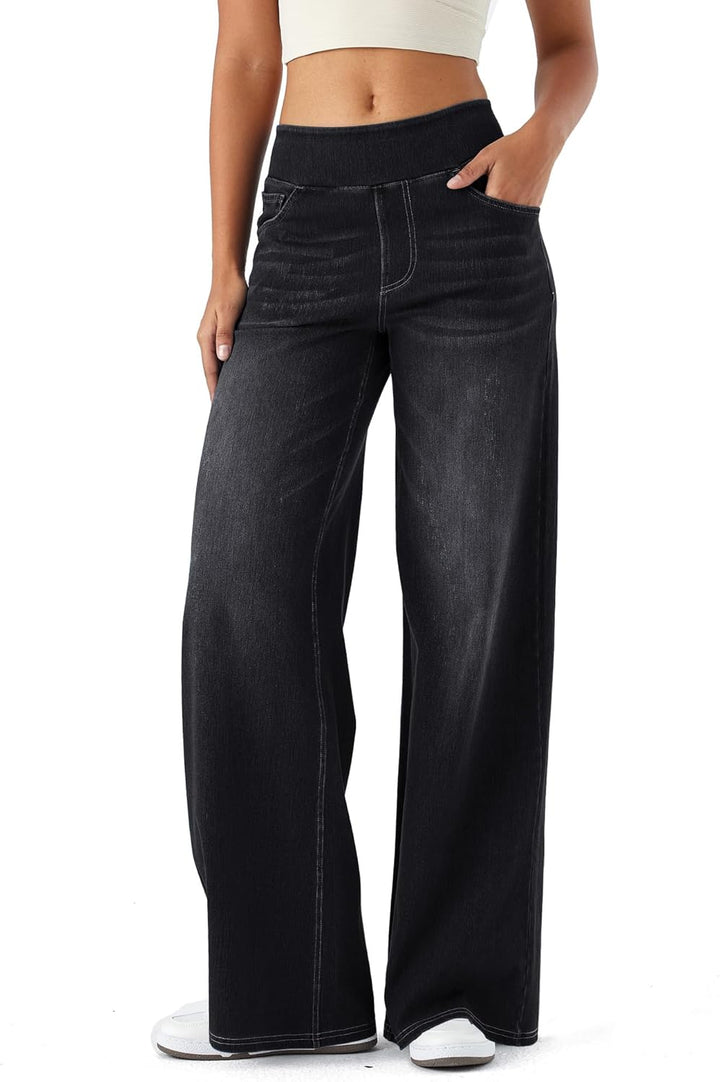 High Waisted Wide Leg Pants for Women Faux Denim Yoga