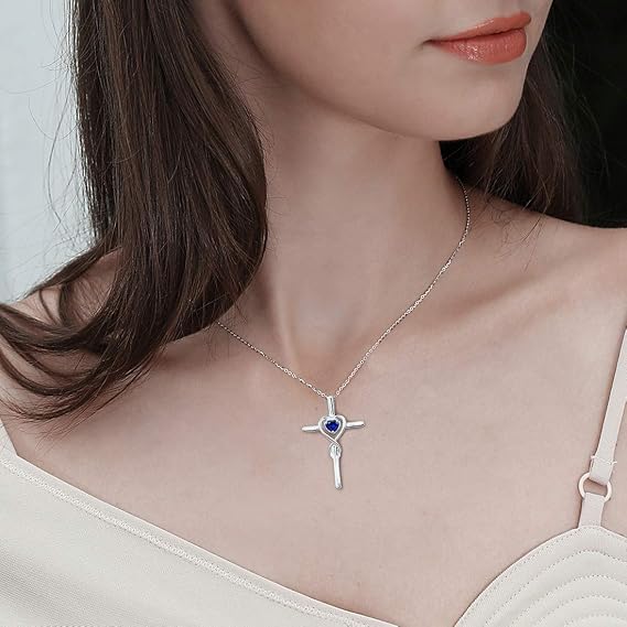 Cross Necklace with Sapphire Heart Stone | White Gold Pendant