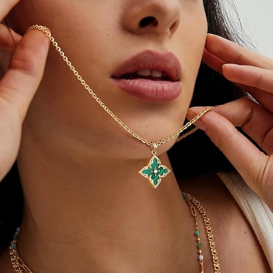 Clover Pendant Necklace in Gold | Emerald Green Charm Necklace