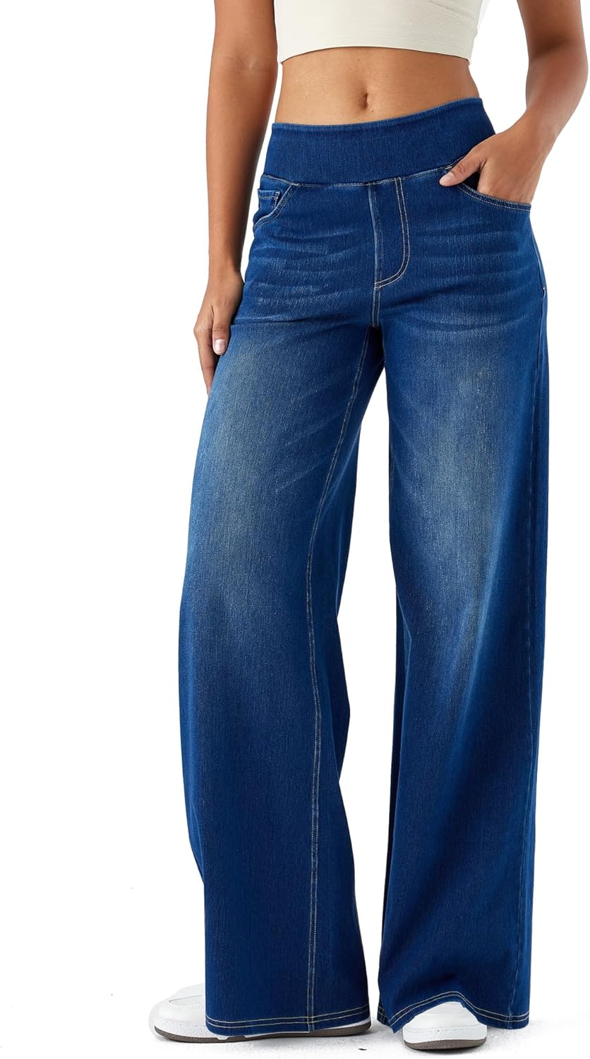 High Waisted Wide Leg Pants for Women Faux Denim Yoga