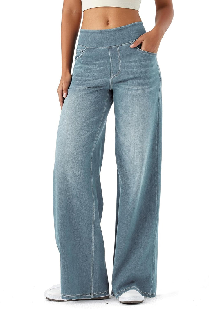 High Waisted Wide Leg Pants for Women Faux Denim Yoga