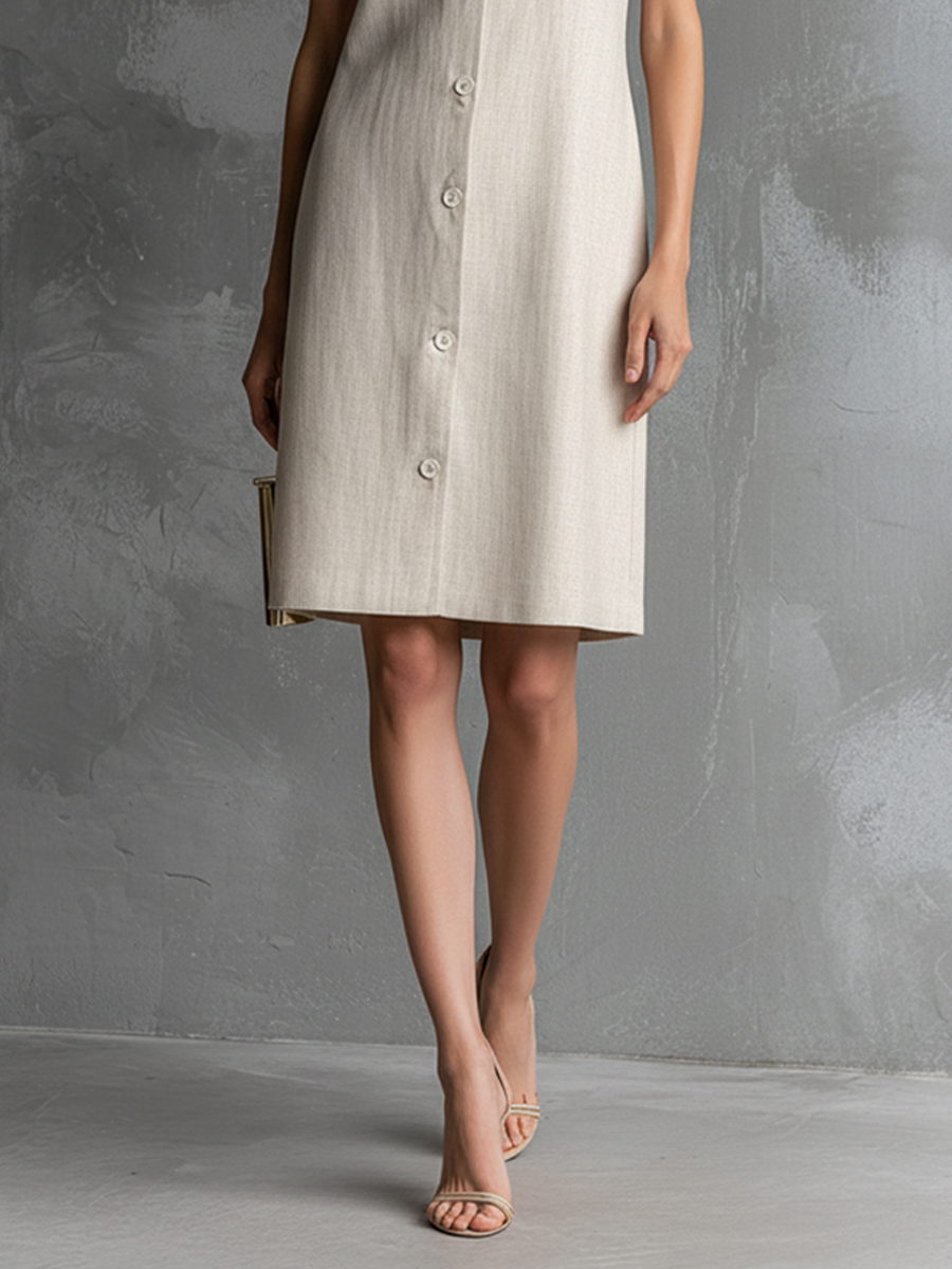 Ivory Linen Midi Dress with Button Front and V-Neck