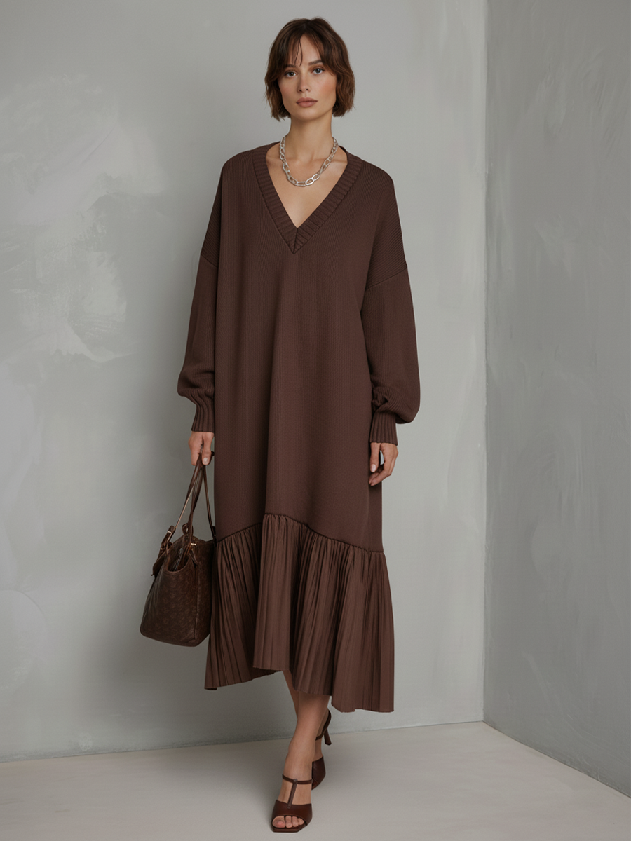 Ribbed Knit Midi Dress with Pleated Hem