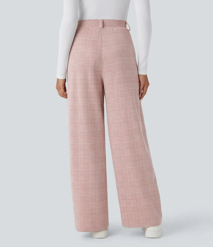 Wide Leg Plaid Pants - High Waisted Houndstooth Trousers
