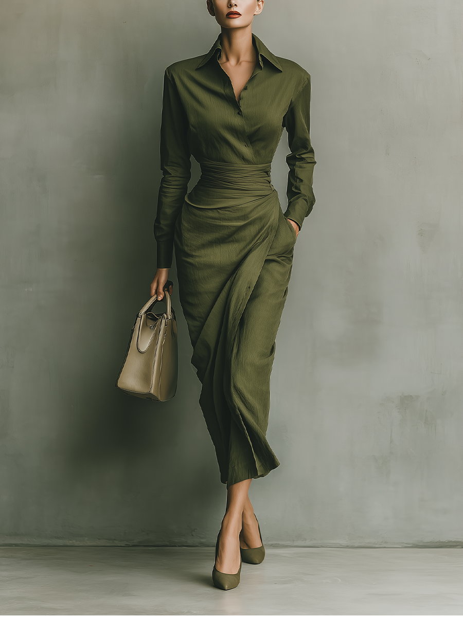 Army Green Maxi Dress for Women - Long Sleeve Cotton Blend