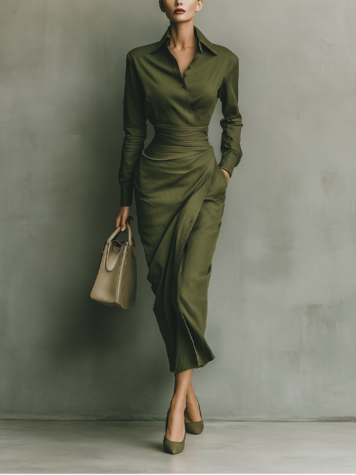 Army Green Maxi Dress for Women - Long Sleeve Cotton Blend