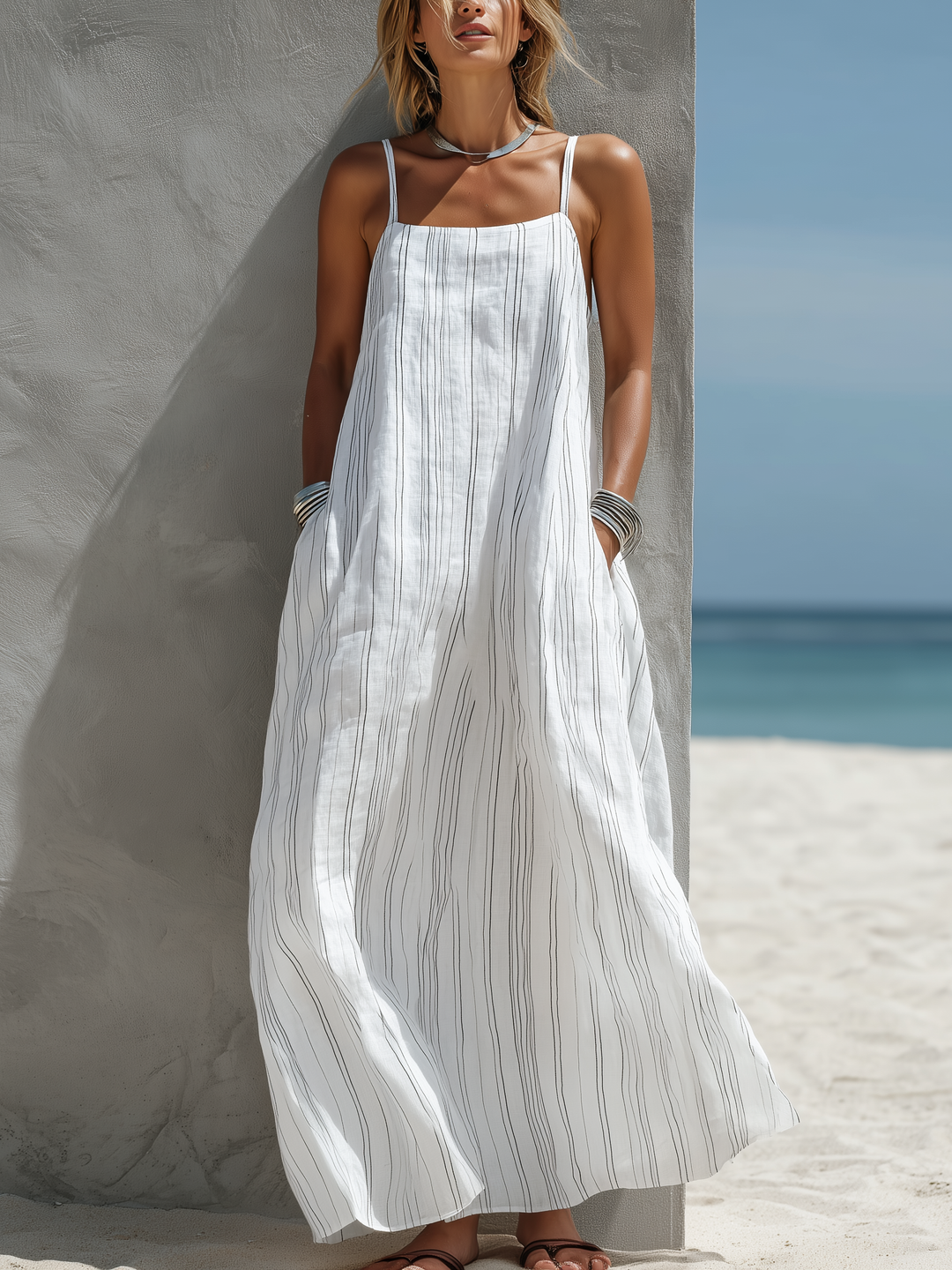 Sleeveless Striped Maxi Dress for Women - White Vertical Stripe Long Dress
