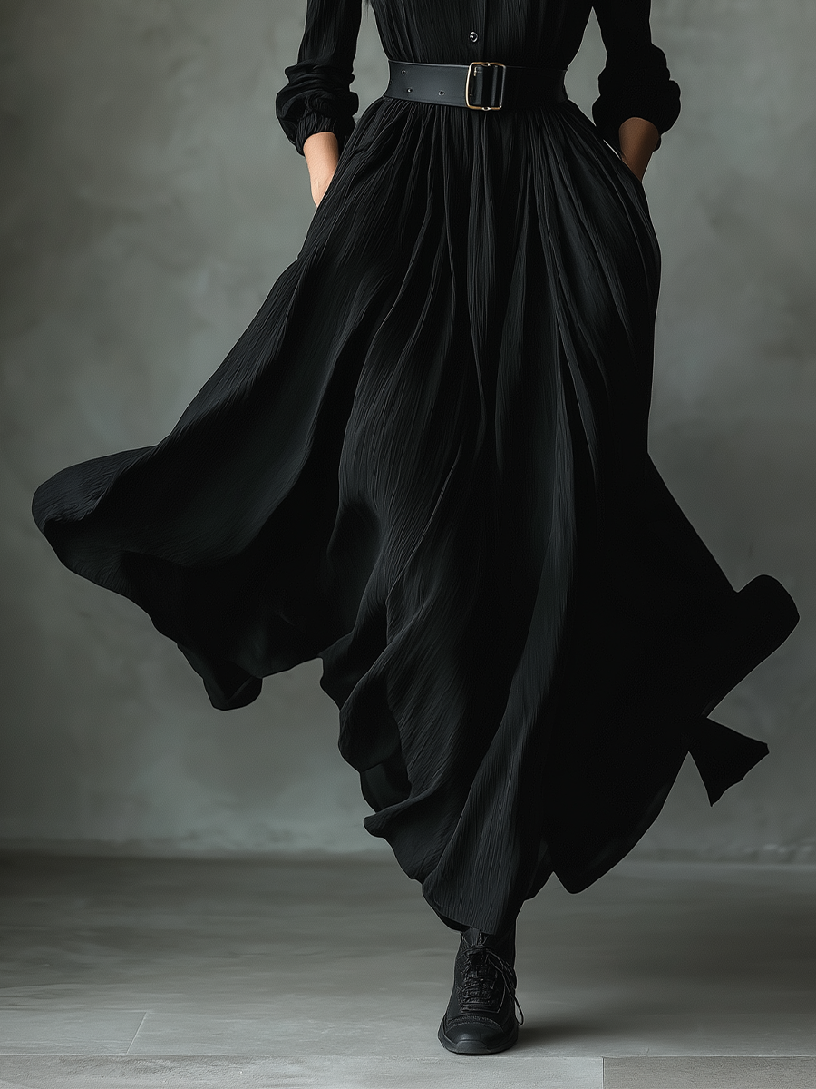 Black Maxi Dress Vintage Pleated Three Quarter Sleeve