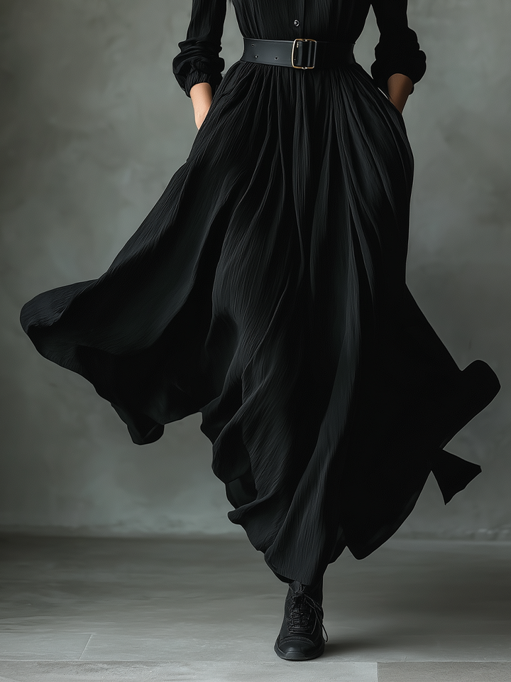 Black Maxi Dress Vintage Pleated Three Quarter Sleeve