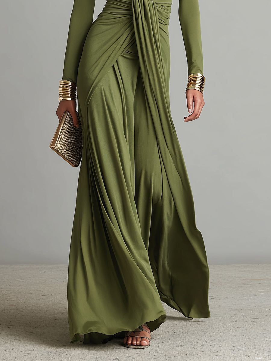 Olive Maxi Dress with Deep V-Neck and Ruched Detail