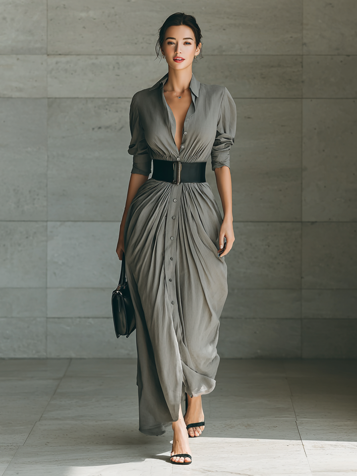Belted Maxi Shirt Dress with Long Sleeves and Lapel Collar