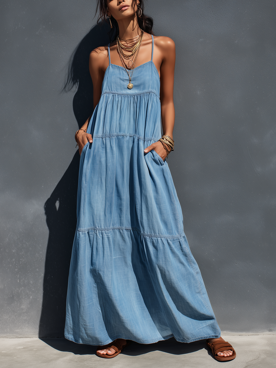 Denim Maxi Dress with Adjustable Suspenders - Casual Blue